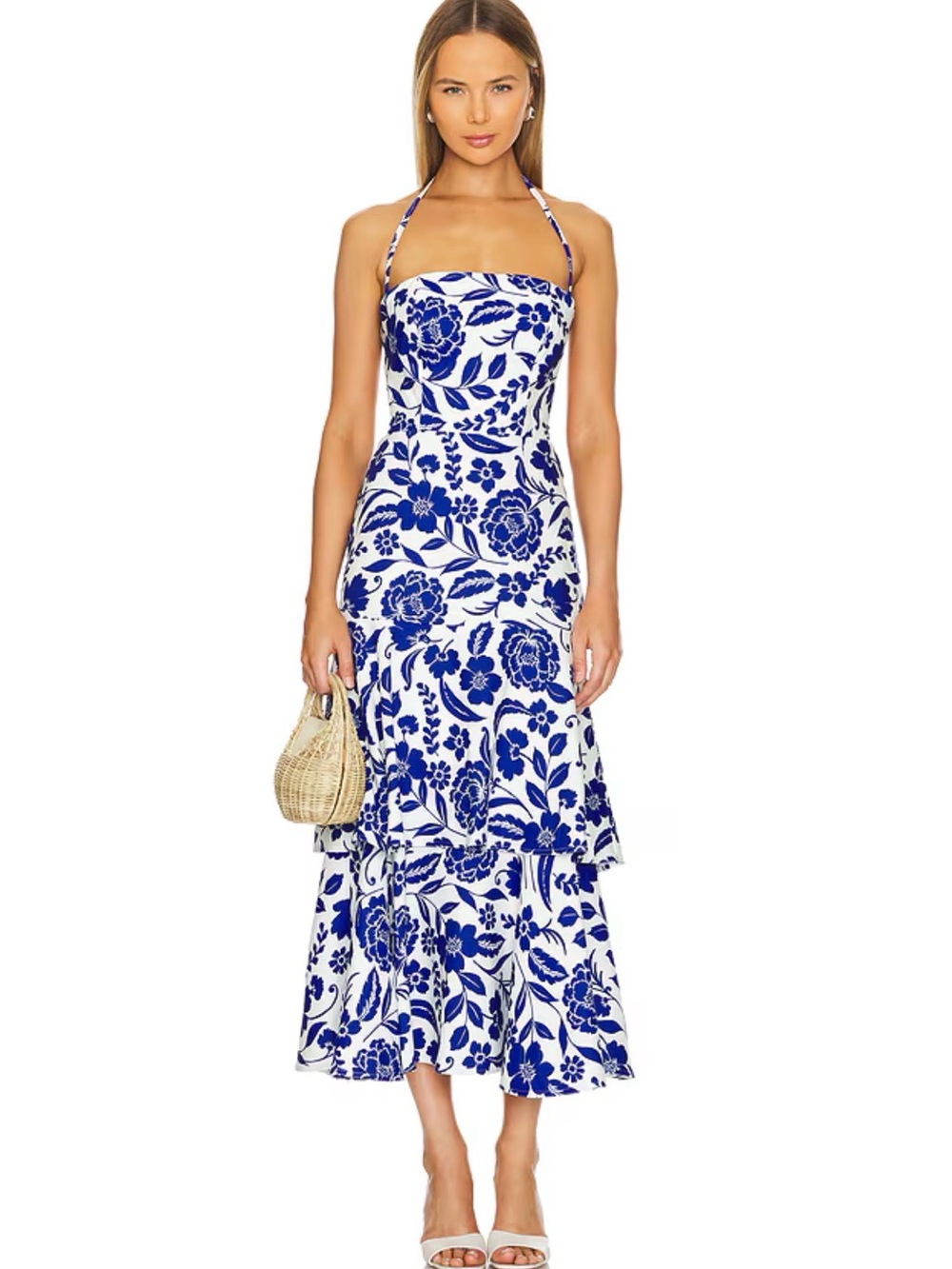 Milly White and Blue Floral Halter Midi Dress